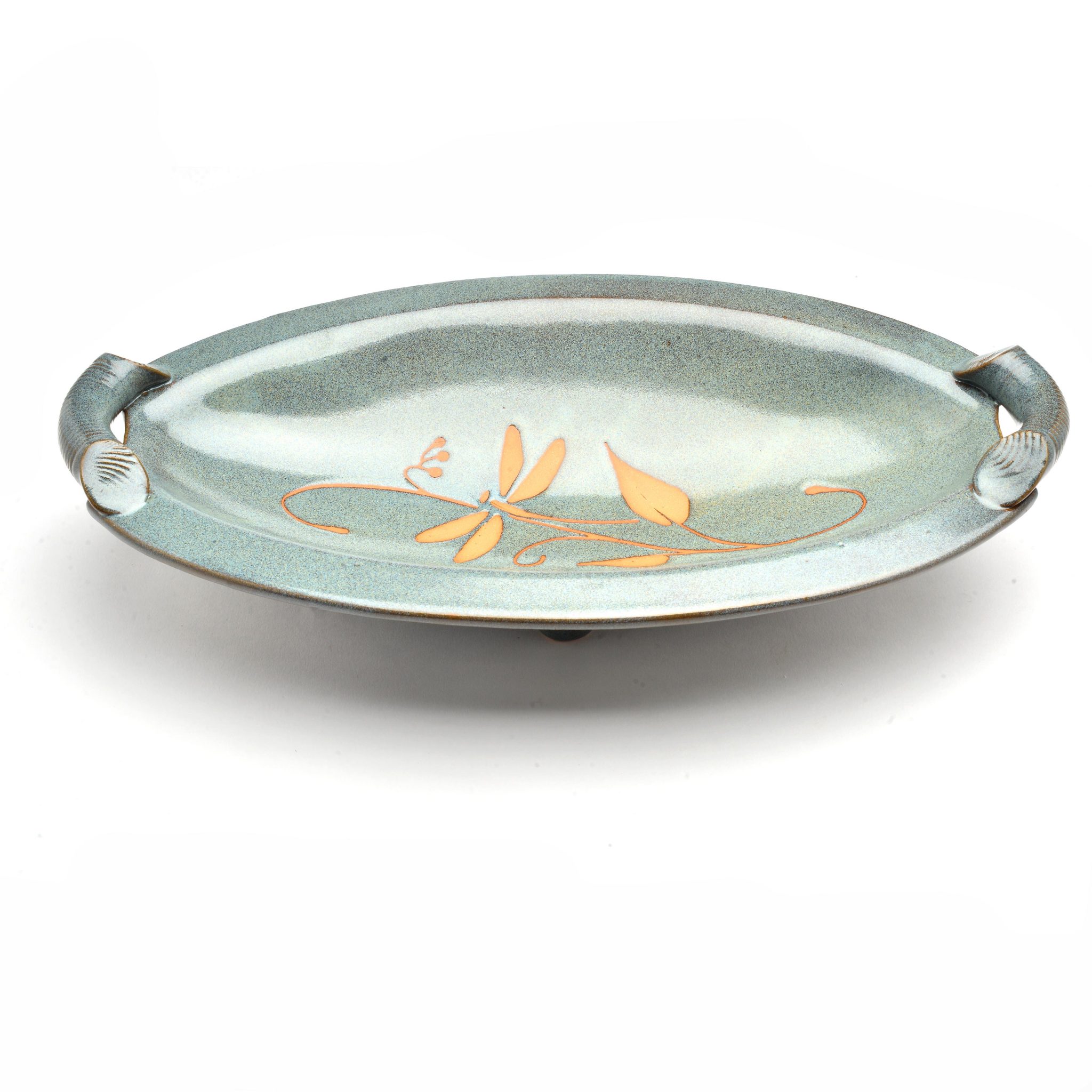 slate blue dragonfly oval dish with feet and handles, handmade centerpiece, cheap pottery, sale handmade pottery