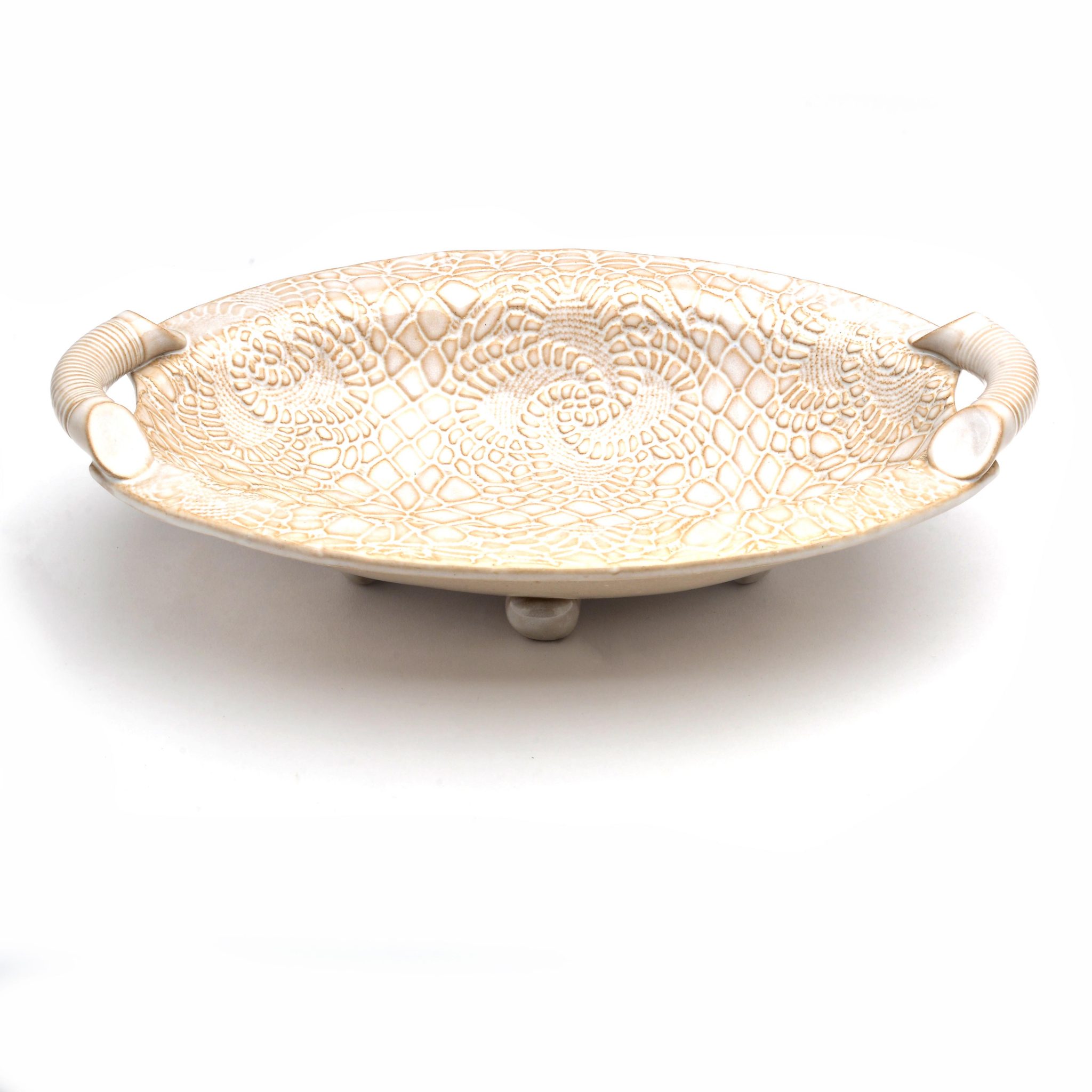 white lace oval bowl with foot and handles, cheap handmade pottery, pottery on sale, nc clay