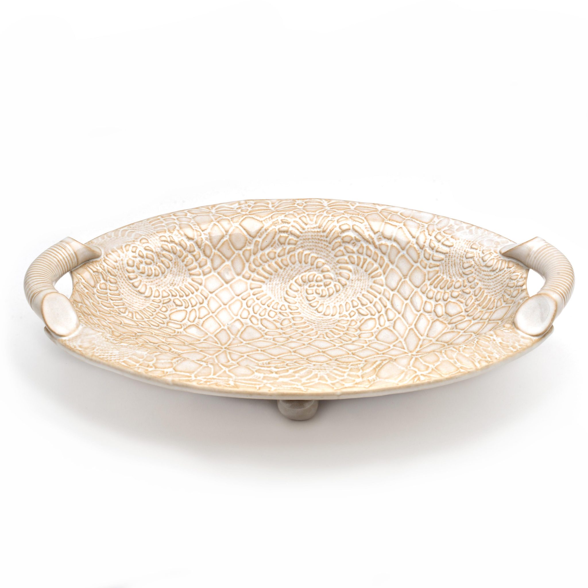 white lace oval bowl with foot and handles, cheap handmade pottery, pottery on sale, nc clay