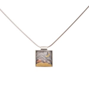 mountain landscape necklace, mixed metal mountain scene pendant