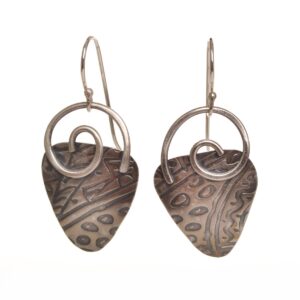 sterling silver handcrafted earrings with spiral and embossed and oxidized triangles