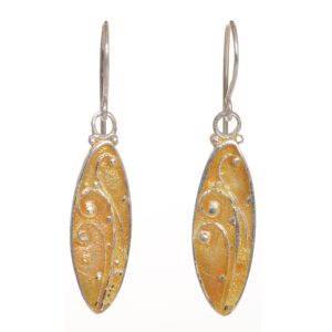 Hollyhock pink enameled Fern oval earrings size large. Artist Susan McDonough casts these earrings out of sterling silver.  They have beautiful movement and can be worn every day. 