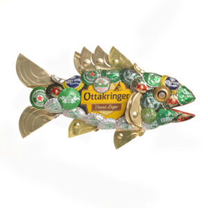 New fish species discovered in the mountains of North Carolina. Bottle caps and cat food can lids mounted on a wooden base.
