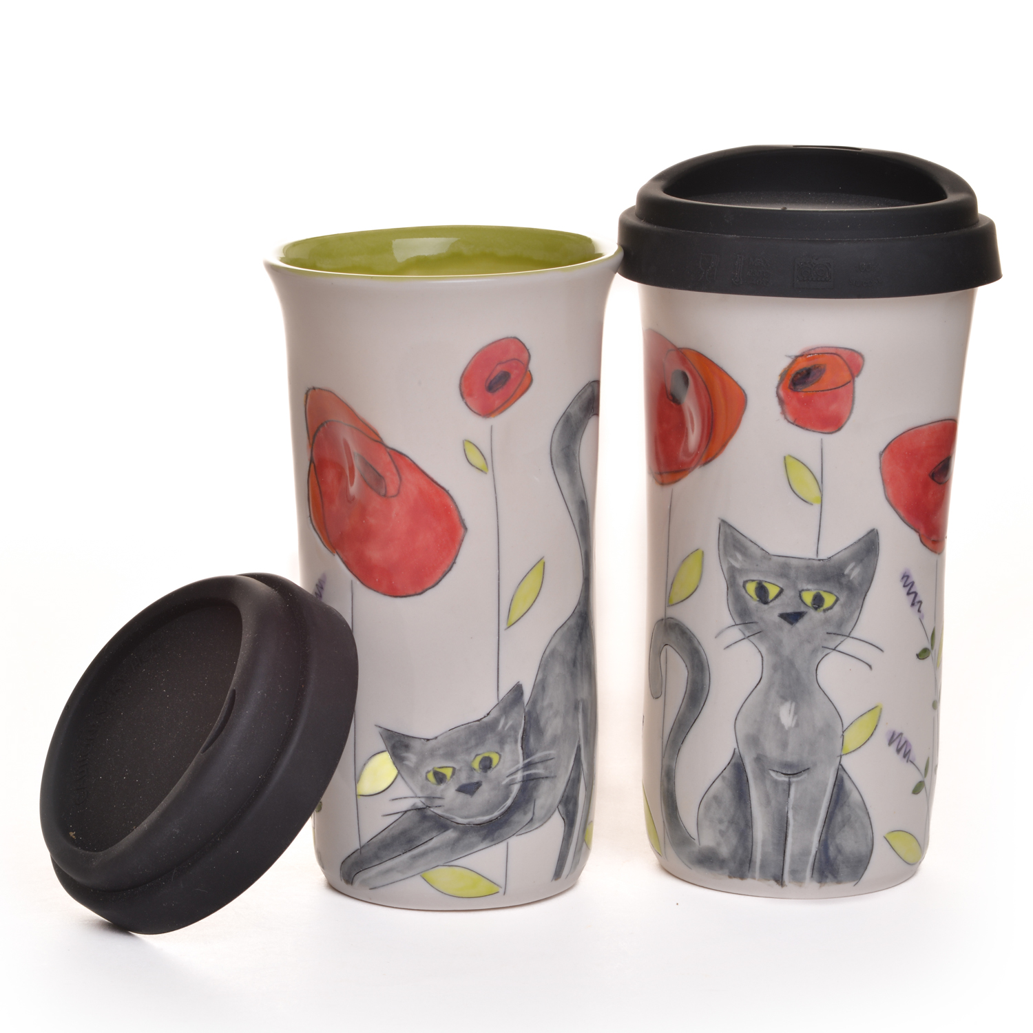 Enjoy your favorite beverage on the go in a sweet and cheerful "Twinkie" cat travel mug. Meghan’s cat, Twinkie, inspired these sweet cat designs! Each piece is thrown porcelain on the wheel and then carved. After it dries, she inlays the carving with black slip and then hand paints the rest of the colors.