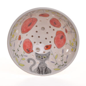Wash and prep fresh fruit and veggies in this bright and whimsy kitty cat berry bowl. Meghan’s cat, Twinkie, inspired these sweet cat designs! Each piece is thrown porcelain on the wheel and then carved. After each piece dries the black lines are carved into the porcelain with a sharp knife, then inlaid with black under-glaze. Each color is hand painted before being glazed with food safe glazes.