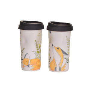 Enjoy your favorite beverage on the go in a sweet and cheerful fox travel mug. When artist Meghan Bernard created this design, she was inspired by a pair of foxes that moved in around her studio. Each piece is thrown porcelain on the wheel and then carved. After each piece dries, she inlays the carving with black slip and then hand paints the rest of the colors.
