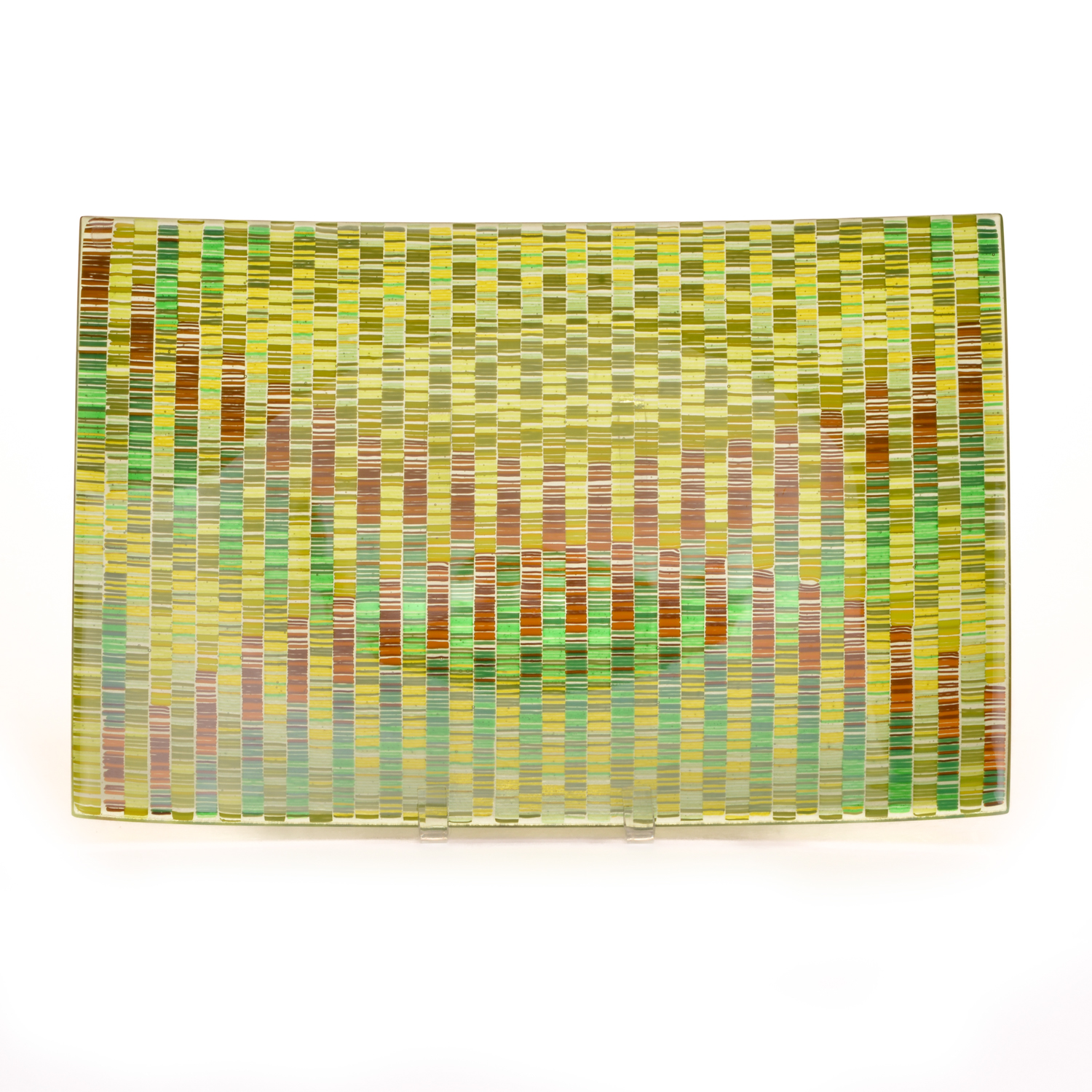 Large, rectangular fused glass platter with a "woven" tapestry design interior by Fyreglas Studio of Western North Carolina.