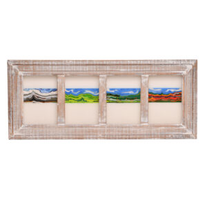 Framed fused glass panels with seasonal mountain landscapes, bordered with solid color on top and bottom.