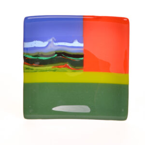 Square glass fused plate with seasonal autumn mountain landscape, bordered with solid color on top and bottom.