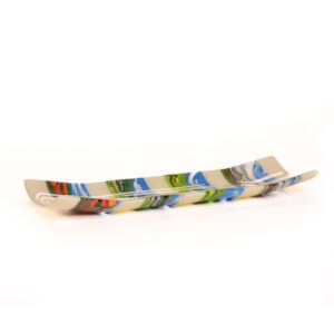 Curved, rectangular glass plate with seasonal mountain landscapes by Fyreglas Studio of Western North Carolina.