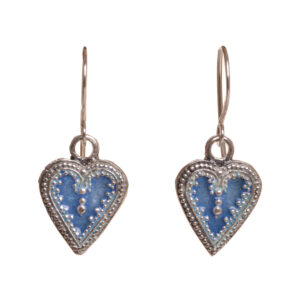 Lovely Victorian heart charm earrings set in sterling silver with vitreous enamel melted into the recesses. The original design was made of fine silver granulation. Susan molds, casts, then enamels and polishes each piece! A forged French-hook is then attached. They have a nice weight and look great on!