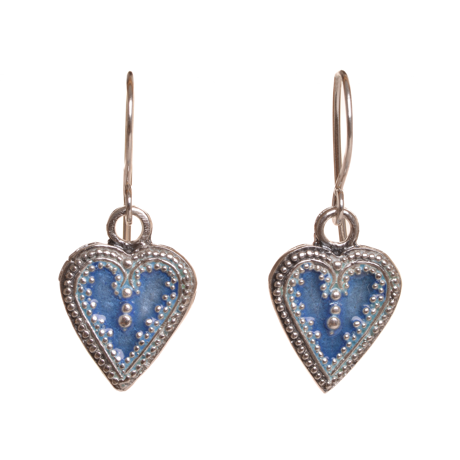 Lovely Victorian heart charm earrings set in sterling silver with vitreous enamel melted into the recesses. The original design was made of fine silver granulation. Susan molds, casts, then enamels and polishes each piece! A forged French-hook is then attached. They have a nice weight and look great on!