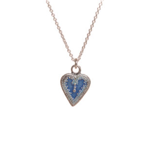 Lovely Victorian heart charm necklace set in sterling silver with vitreous enamel melted into the recesses. The original design was made of fine silver granulation. Susan molds, casts, then enamels and polishes each piece!
