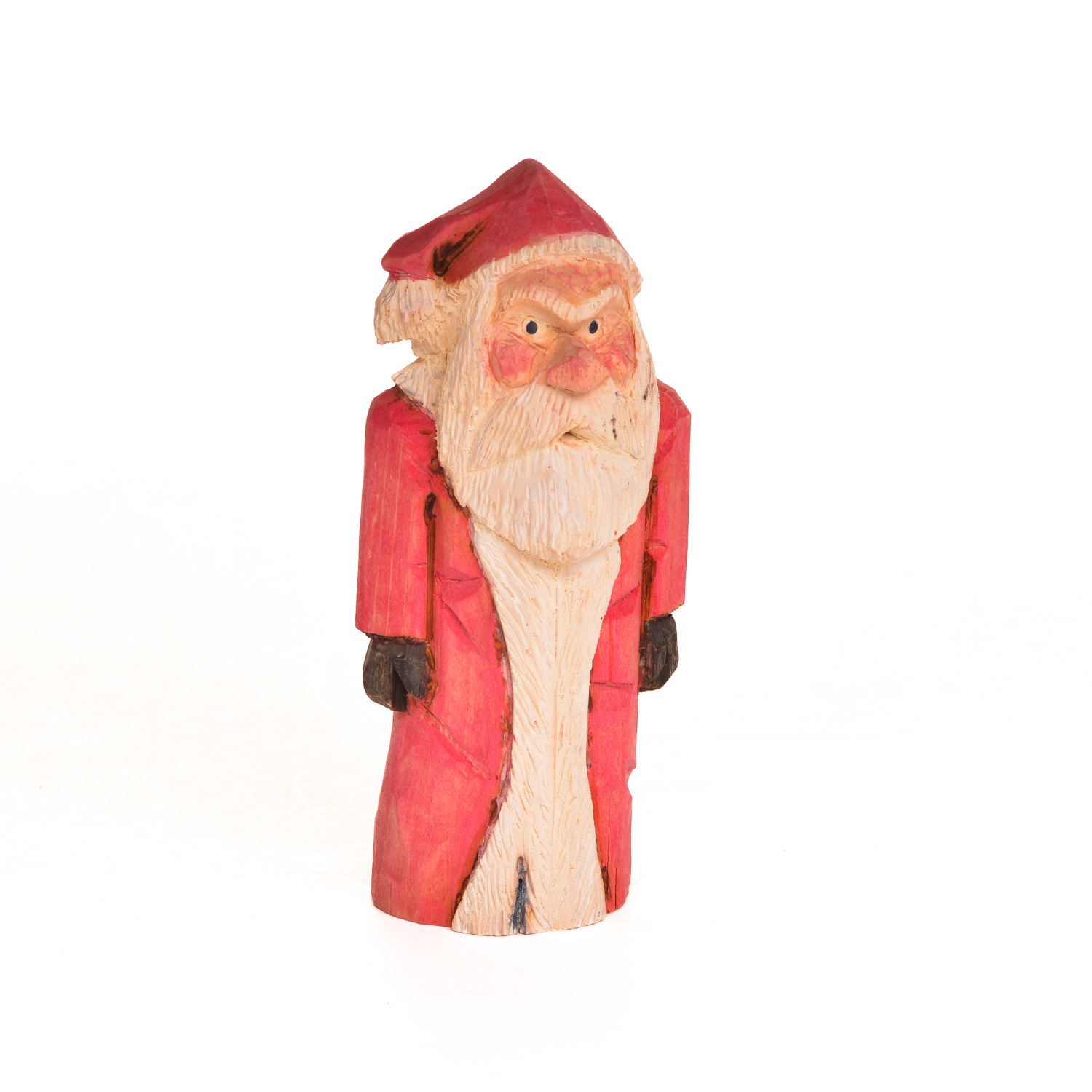 Hand-carved and painted "Grumpy" Claus by Mike Shults of Tennessee. Most of his carvings are made from reclaimed or "junk" wood; his ornaments, in particular, are carved from kindling.