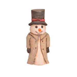 Hand-carved and painted snowman sculpture by Mike Shults. Most of his carvings are made from reclaimed or "junk" wood; his ornaments in particular are carved from kindling. 