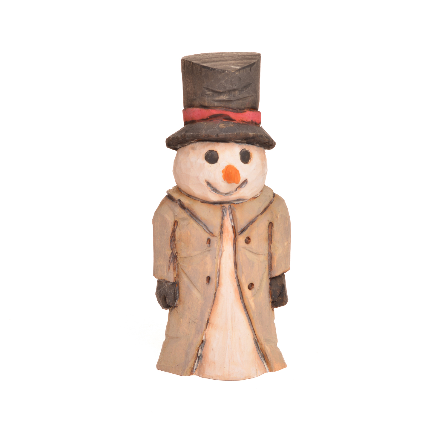 Hand-carved and painted snowman sculpture by Mike Shults. Most of his carvings are made from reclaimed or "junk" wood; his ornaments in particular are carved from kindling.