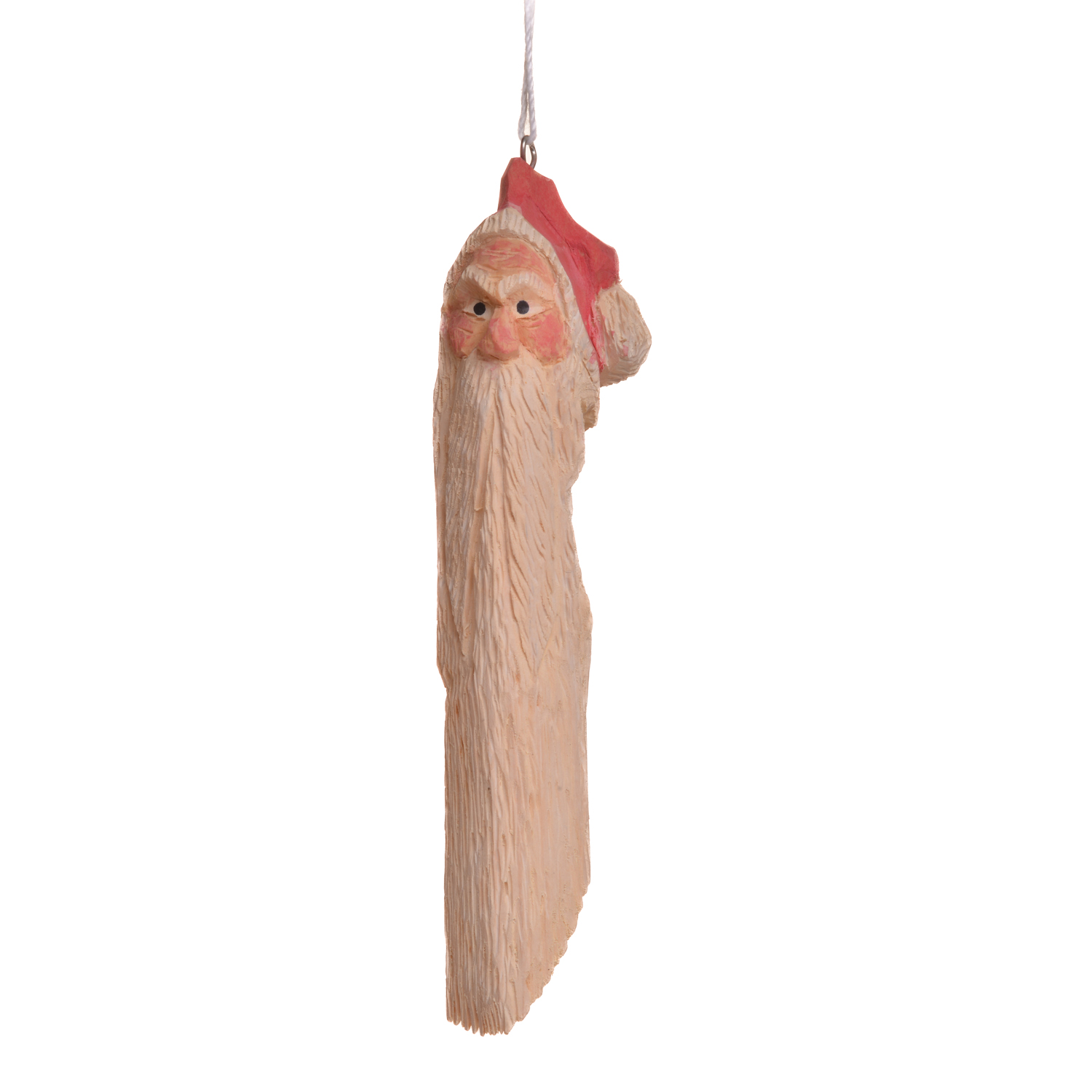 Hand-carved and painted slender Santa ornament by Mike Shults of Tennessee. Most of his carvings are made from reclaimed or "junk" wood; his ornaments, in particular, are carved from kindling. Expect differences in facial expression.