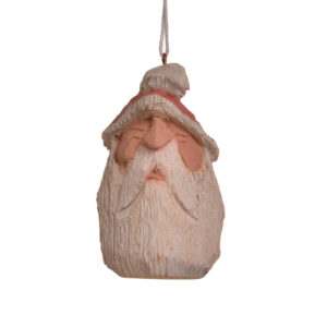 Medium hand-carved and painted Santa ornament by Mike Shults of Tennessee. Most of his carvings are made from reclaimed or "junk" wood; his ornaments, in particular, are carved from kindling. Expect differences in facial expression.