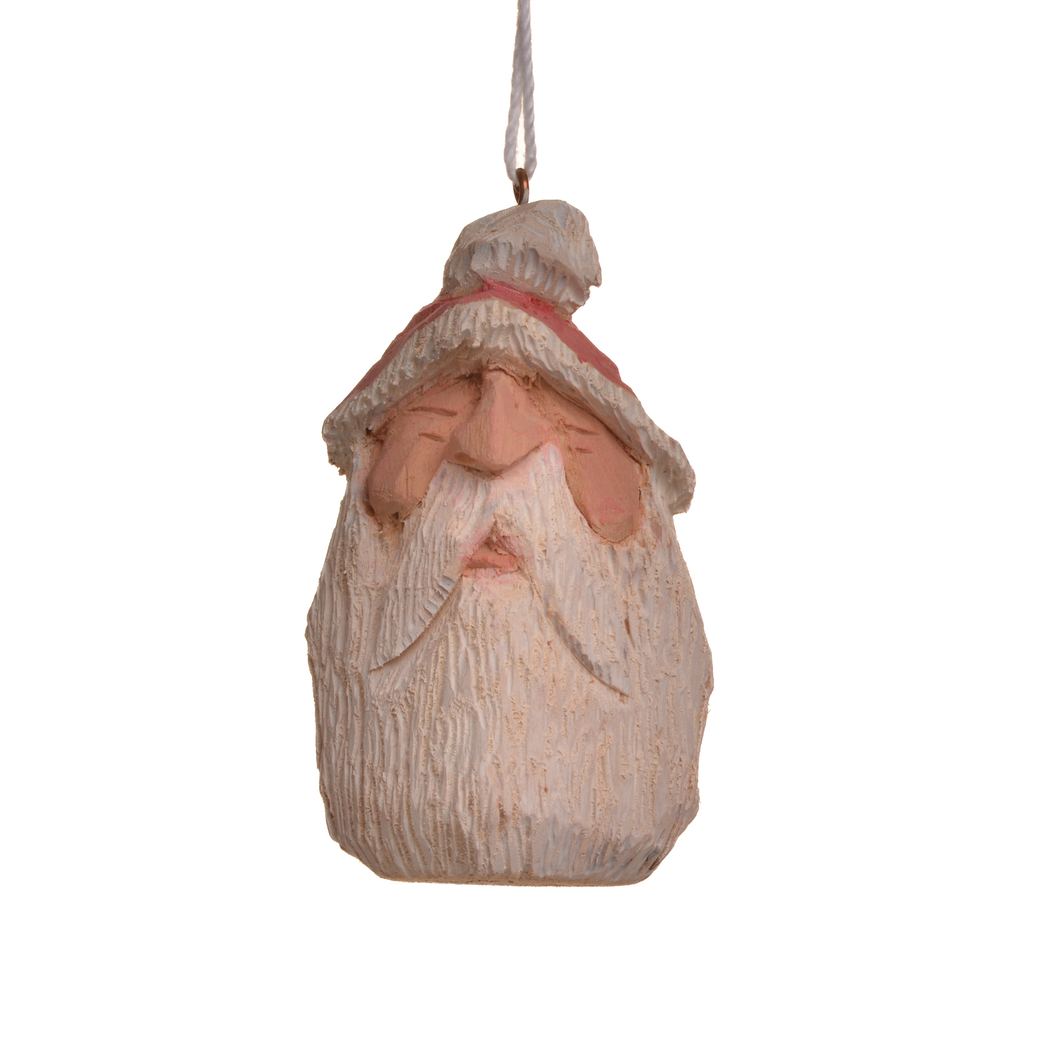 Medium hand-carved and painted Santa ornament by Mike Shults of Tennessee. Most of his carvings are made from reclaimed or "junk" wood; his ornaments, in particular, are carved from kindling. Expect differences in facial expression.