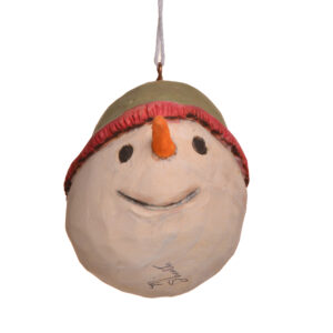 Large hand-carved and painted snowman ornament by Mike Shults of Tennessee. Most of his carvings are made from reclaimed or "junk" wood; his ornaments, in particular, are carved from kindling. Expect differences in facial expression.