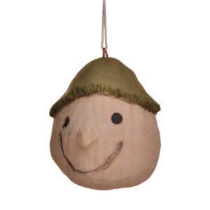 Large hand-carved and painted elf ornament by Mike Shults of Tennessee. Most of his carvings are made from reclaimed or "junk" wood; his ornaments, in particular, are carved from kindling. Expect differences in facial expression.