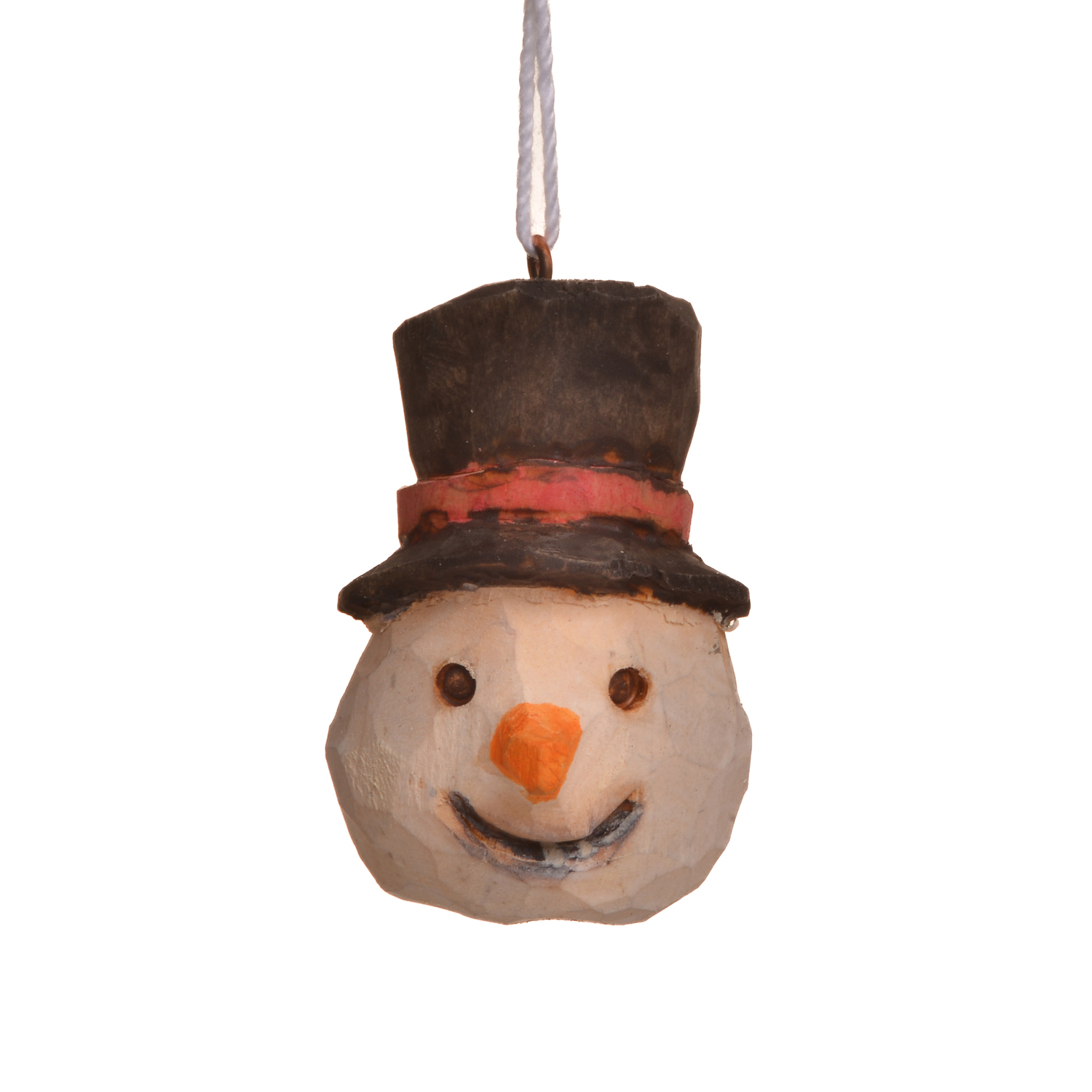 Mini hand-carved and painted snowman ornament by Mike Shults of Tennessee. Most of his carvings are made from reclaimed or "junk" wood; his ornaments, in particular, are carved from kindling. Expect differences in facial expression.