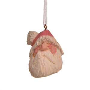 Small hand-carved and painted Santa ornament by Mike Shults of Tennessee. Most of his carvings are made from reclaimed or "junk" wood; his ornaments, in particular, are carved from kindling. Expect differences in facial expression.