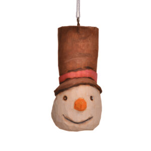 Medium hand-carved and painted snowman ornament by Mike Shults of Tennessee. Most of his carvings are made from reclaimed or "junk" wood; his ornaments, in particular, are carved from kindling. Expect differences in facial expression.