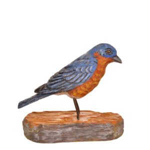 Realistic hand carved and painted Indigo Bunting. Masterfully painted and posed. John Dickens carves each piece with an ordinary pocketknife. John has been carving wood for 48 years. John wrote, "each time I do an animal, I want to do it in a different pose so I can learn more about its anatomy and how it moves and behaves." His primary subjects are the local songbirds found at his backyard bird feeder, animals, fish, people and reliefs.