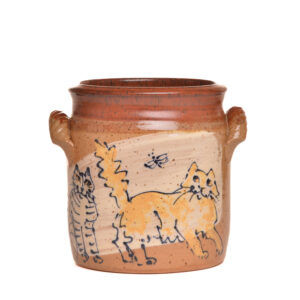 Handled utensil holder with hand-painted cats and a warm reddish brown glaze by artist Ann Gleason.