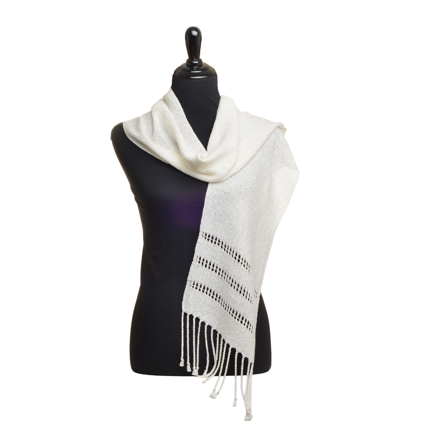 Wrap your shoulders in this lightweight and luscious handwoven Leno lace scarf by artist Albena Fairchild. Albena's pieces embody craftsmanship that blends traditional designs and techniques with modern styles. In her wide range of weavings, she is guided by the principles of beauty, function, and meaning. Wearables may be hand-washed or dry-cleaned. Lay flat to dry.