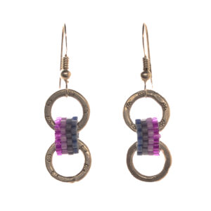 Silver linked earrings with interlocking handwoven glass seed beads by jeweler Leslie Fawcett of Tennessee