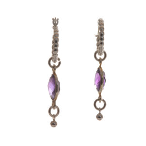 Handcrafted beaded sterling silver and amethyst hoops by silversmith Suzanne Farran-Hrytzik of North Carolina. These charming silver beaded hoops feature bright purple amethysts set in polished sterling silver designed to catch the light and eye. Easy to clean and great for everyday wear. Expect slight variations in design.