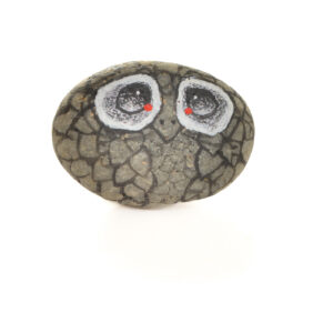 Hand painted river rock owl pin by Mänya Pirkle of Tennessee. Each pin features a natural river stone sourced from the mountains, transformed into a whimsical owl with unique features. No two owls are exactly alike, making each pin a special, wearable piece of folk art.