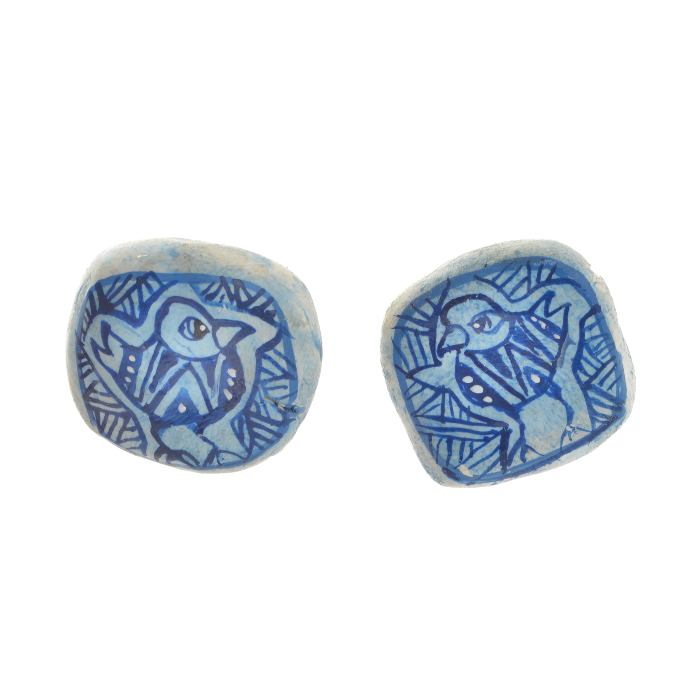 Hand Painted Clay Bluebird Earrings Original designs hand-painted on sunbaked paper clay by Mänya Pirkle of Tennessee. Each piece is inspired by fossils, pottery, and cave paintings—representing traces of human existence that have survived the ages.
