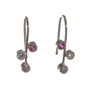 Delicate and modern, these sterling silver earrings feature a slender silver hook design accented with three sparkling stones in ruby, cubic zirconia, and pink topaz, biologically inspired and designed by Charity Hall of Virginia.
