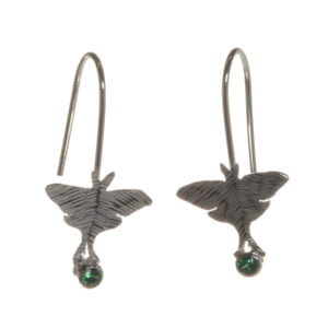 Sterling silver Luna moth earrings with emerald accent, biologically inspired by Charity Hall of Virginia.