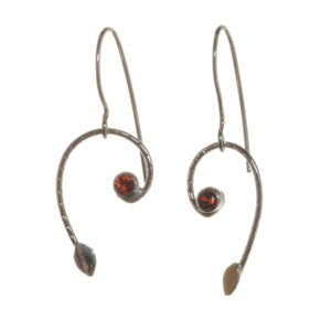 Sterling silver leaf earrings with garnet accent, biologically inspired and designed by Charity Hall of Virginia.