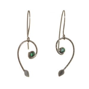 Sterling silver leaf earrings with emerald accent, biologically inspired and designed by Charity Hall of Virginia.