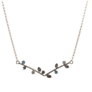 Sterling silver necklace featuring a graceful V-shaped vine, adorned with tiny leaves and sparkling stones, biologically inspired and designed by Charity Hall of Virginia.