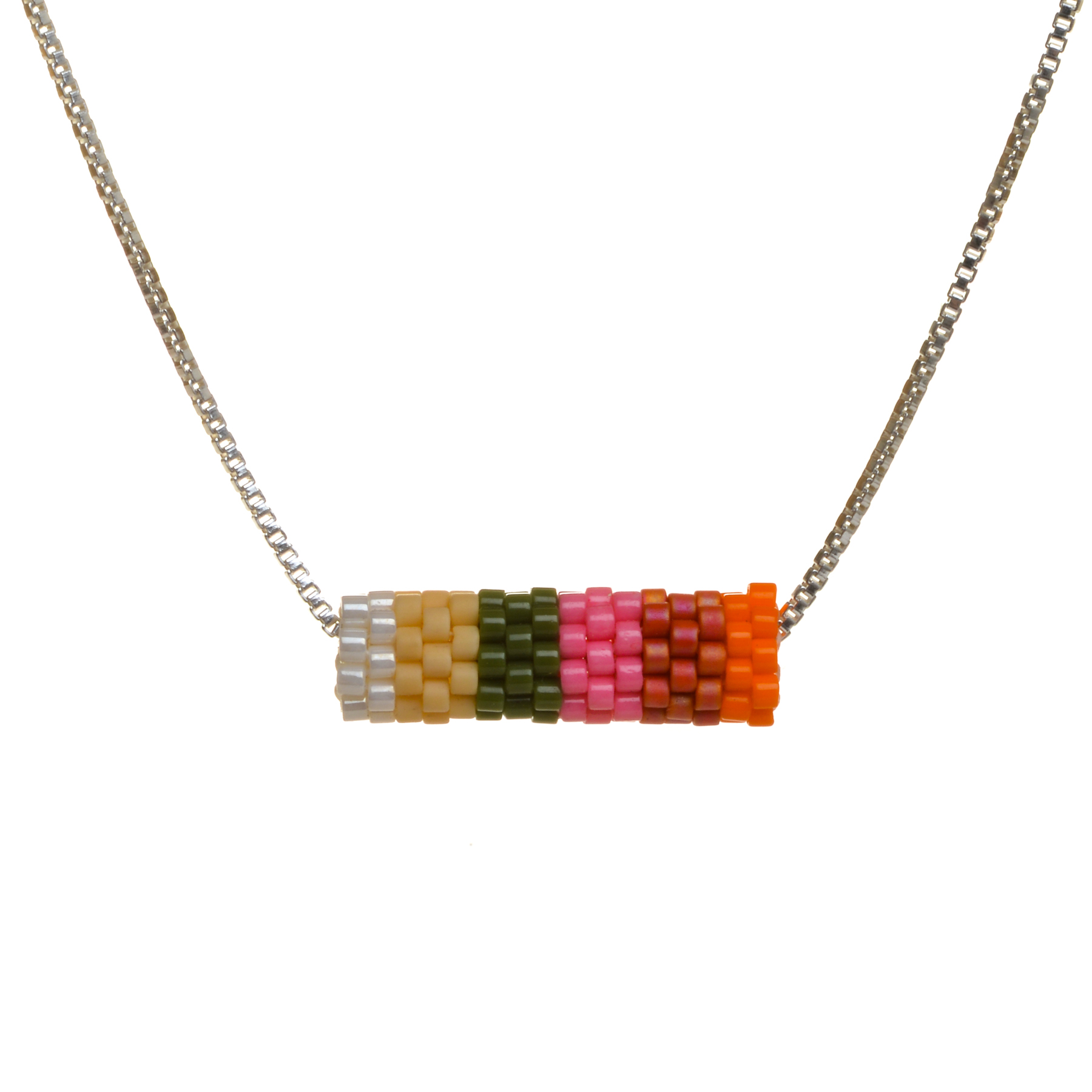 Round tube necklace featuring handwoven glass seed beads by jeweler Leslie Fawcett of Tennessee. With a needle and nylon thread, Leslie takes tiny glass seed beads and weaves them into larger beads that are then rolled up and sewn together. The use of the peyote stitch allows the ends of the rectangle to interlock when sewn together, and repeated passes through the beads reinforce the whole. Different colors available.