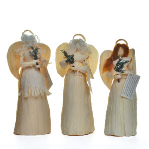 Natural colored corn shuck Angel - "Commonly referred to as a messenger of good tidings and often appearing to have wings, the angel also acts as a guardian to lead us to life-affirming choices. To be angelic is to possess both inner and outer beauty." Approximately 11"tall x 4"wide Expect slight variations Different options available Made in TN