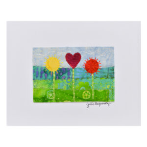 Add a touch of handmade charm to any space with a layered fabric art miniature by artist Julie Bagamary. Each piece has been meticulously hand-sewn onto an 8 x 10-inch mat board, making it effortless to frame and display. Featuring striking batik and hand-dyed fabrics, combined with detailed hand embroidery and unique embellishments, these artworks are crafted to make a statement in any space. Signed by the artist.