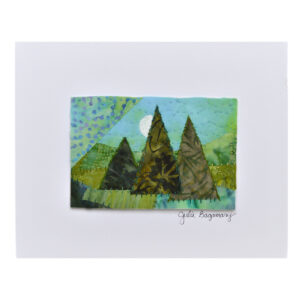 Add a touch of handmade charm to any space with a layered fabric art miniature by artist Julie Bagamary. Each piece has been meticulously hand-sewn onto an 8 x 10-inch mat board, making it effortless to frame and display. Featuring striking batik and hand-dyed fabrics, combined with detailed hand embroidery and unique embellishments, these artworks are crafted to make a statement in any space. Signed by the artist.