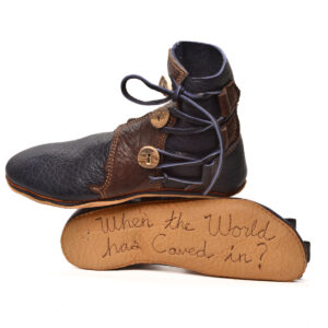 Anika Jaan 2026, American bison hide, deer hide, elk antler, nylon thread; tanning, sewing 6" x 5" x 11 ½", approximately men's size 10 ½ (custom-fitted commissions encouraged)