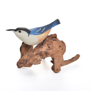 Wooden carved and painted Nuthatch. Artist Tony Dills hand carves and paints his birds and attaches them to pieces of wood. Nature has always been an important part of Tony’s life.