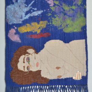 Izzy Ourada 2026, wool, astra, miscellaneous yarns, DMC embroidery thread, acrylic and multi-purpose paint, beads, craft foam; Theo-Moorman, embroidery 52” x 30”
