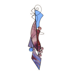 Whimsical handcrafted suncatcher by stained glass artist Cheryl Stippich of western North Carolina. This playful suncatcher features textured stained glass, glass nuggets, and wire squiggles.