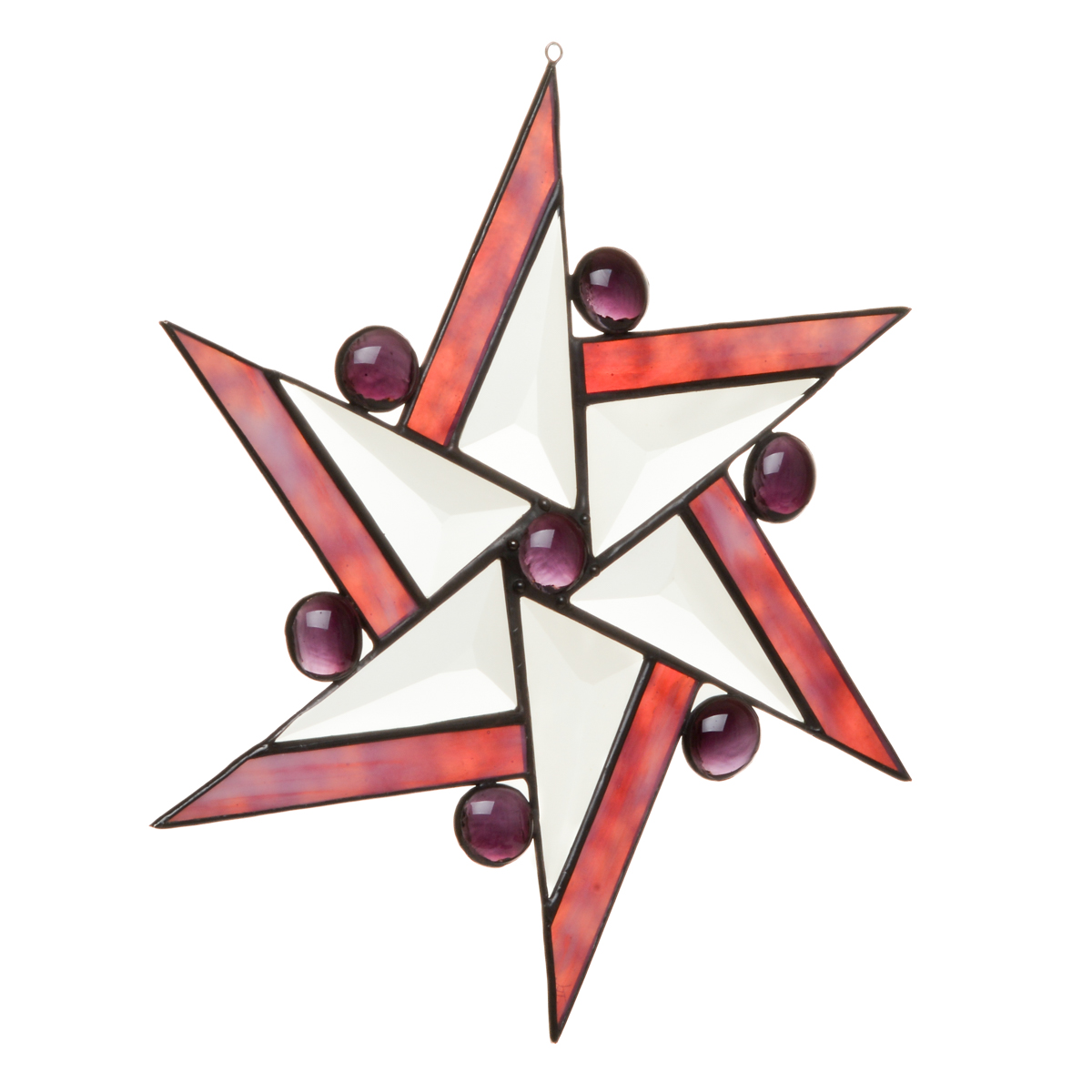 Brighten any room with this striking, handcrafted beveled-glass star suncatcher by stained-glass artist Cheryl Stippich of western North Carolina. This piece features pink opalescent and clear beveled glass that catches light from every angle. Deep purple gems embellish the piece, adding depth and sparkle.