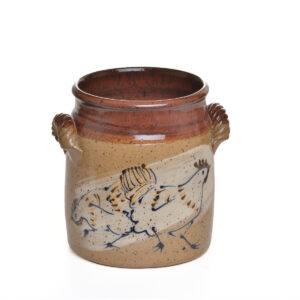 Wheel-thrown handled utensil holder with hand-painted chickens and a warm brown glaze by artist Ann Gleason.